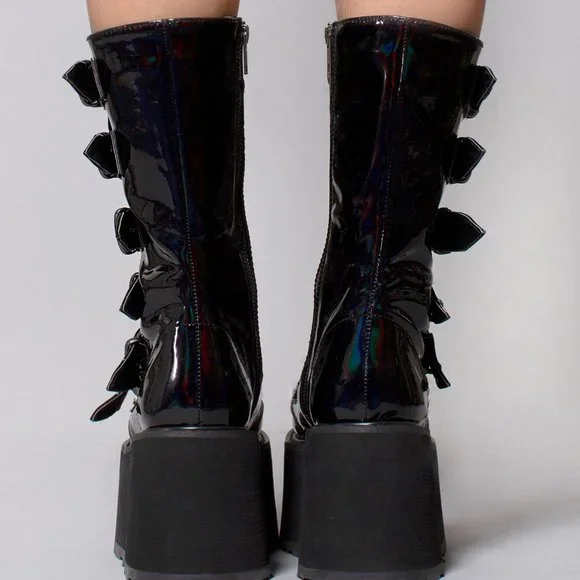 Demonia Damned 225 Necromancer Platform Boots Holographic Black
